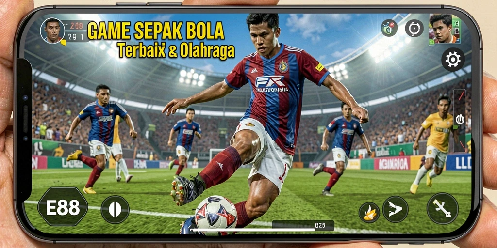 Screenshot gameplay E88 menampilkan aksi seru di lapangan sepak bola.