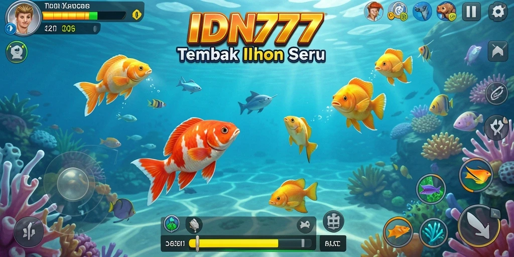 Screenshot utama IDN777 menampilkan aksi menembak ikan yang seru.