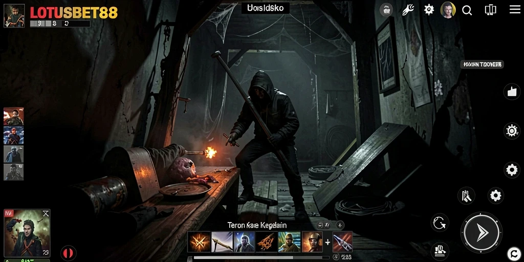 Tangkapan layar gameplay LOTUSBET88 menampilkan momen mencekam di lingkungan gelap.