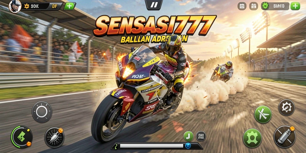 Screenshot gameplay SENSASI777 menampilkan balapan motor yang seru dan intens.