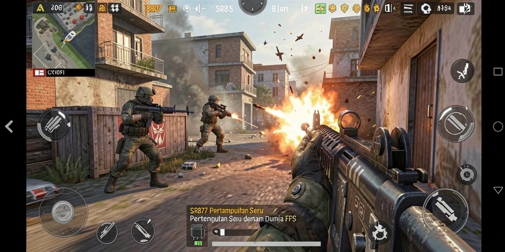 Gamer sedang beraksi dalam pertempuran FPS mendebarkan di SR877.