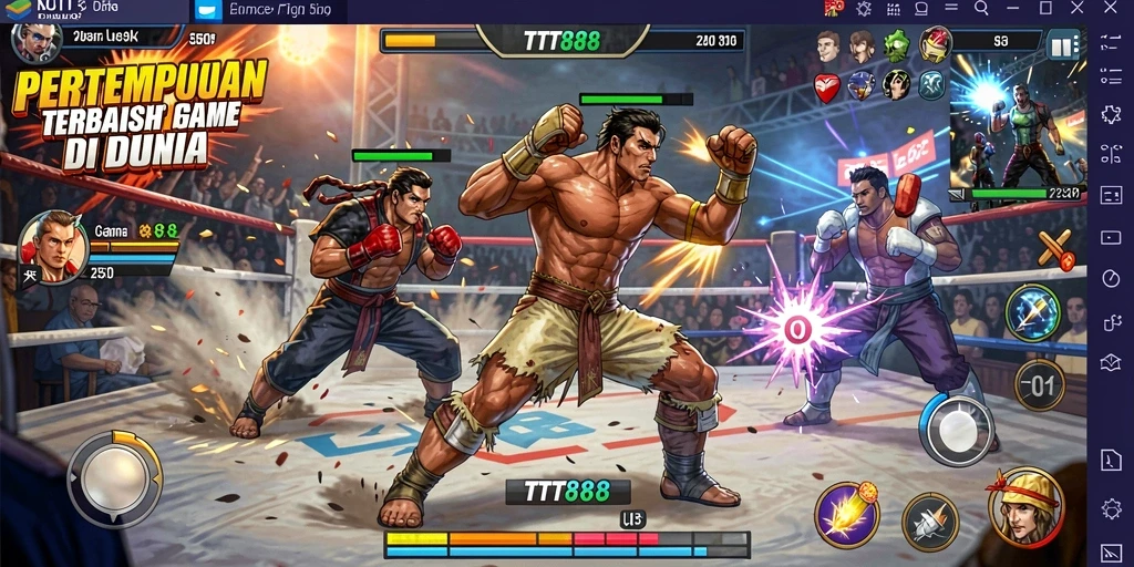 Screenshot utama TTT888 menampilkan pertarungan seru antara karakter dengan efek visual menawan.